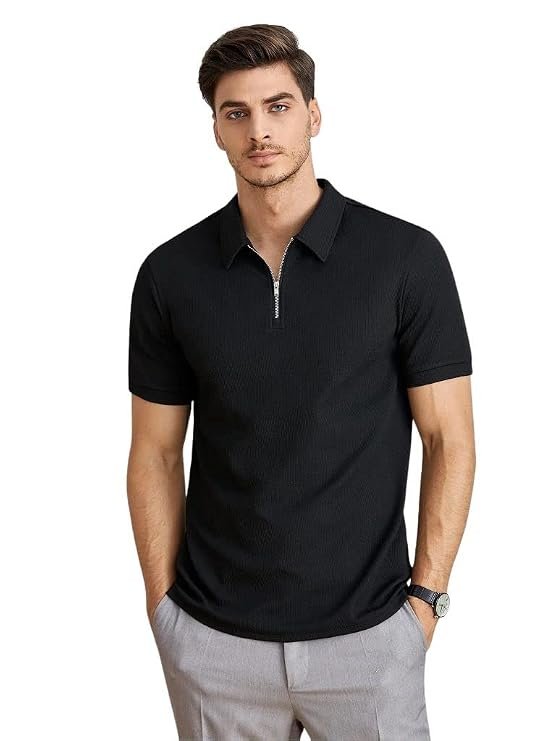 Leriya Fashion T Shirt for Men | Polo T-Shirt for Man | Men’s Half Zip Polo | Lightweight Breathable Summer Wear | Textured Knit Casual Stylish Tee | Short Sleeve Smart Casual Top for Man - Image 3