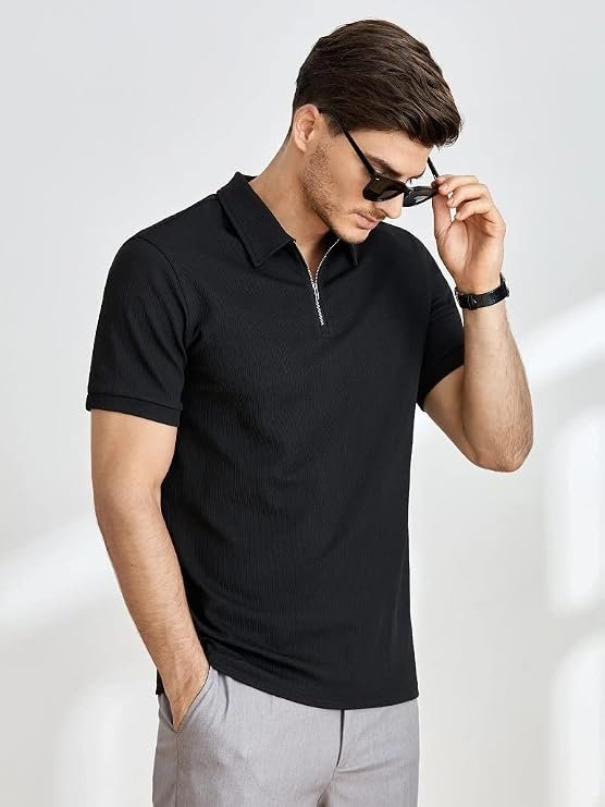 Leriya Fashion T Shirt for Men | Polo T-Shirt for Man | Men’s Half Zip Polo | Lightweight Breathable Summer Wear | Textured Knit Casual Stylish Tee | Short Sleeve Smart Casual Top for Man - Image 5