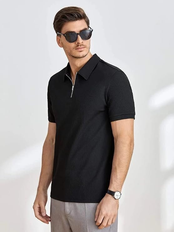 Leriya Fashion T Shirt for Men | Polo T-Shirt for Man | Men’s Half Zip Polo | Lightweight Breathable Summer Wear | Textured Knit Casual Stylish Tee | Short Sleeve Smart Casual Top for Man - Image 2